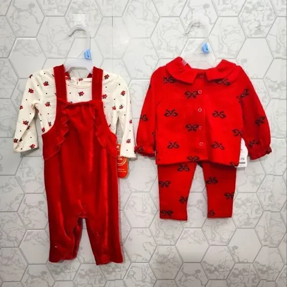 New baby girl Christmas outfit bundle of cardigan set and overall outfit