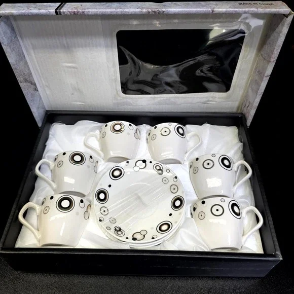 Espresso Cup and Saucer 12pc Set White Black Gold Geometric Modern Minimalist
