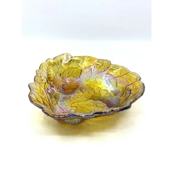 Antique Imperial Marigold Carnival Grape Leaf Shape Glass Scalloped Bowl Dish 7