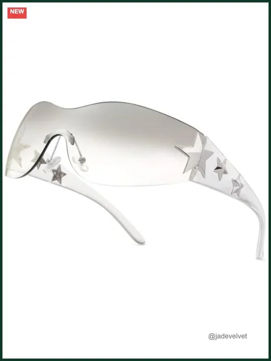Rimless Wrap Around Sunglasses Y2K Star Shield Shades UV400