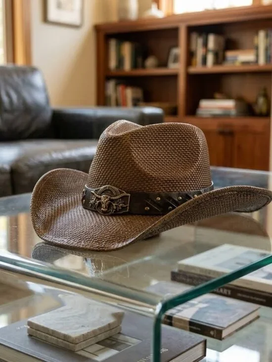 Men - Distressed Straw Western Hat with Shapeable Brim for Cowboys