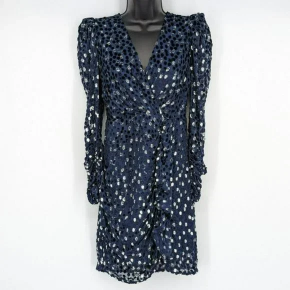 Kate Spade Scatter Dot Dress 6 Navy Silver Faux Wrap Ruffle Velvet Long Sleeve
