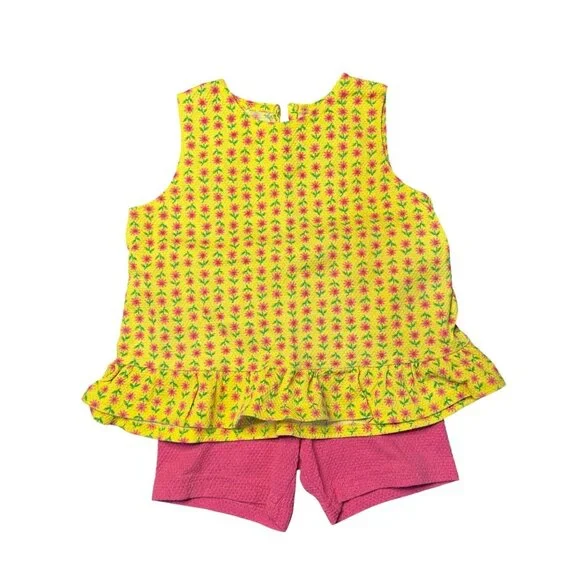 VTG Carters Girls 24M Outfit Set Ruffle Sunflower Shirt Pink Shorts Retro Summer