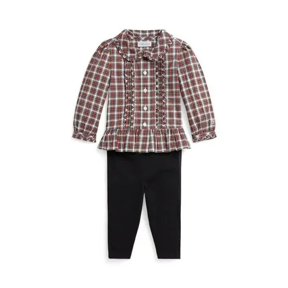 Polo Ralph Lauren Baby Girl 2 Piece Holiday Red and Green‎ Plaid Set Size 9M