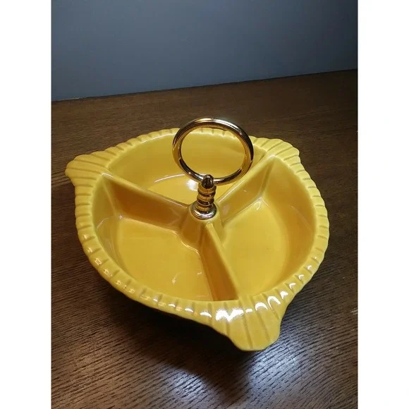 California Pottery USA VTG Gold Yellow Divided Condiment Nut Dish 7.75x2 Gift