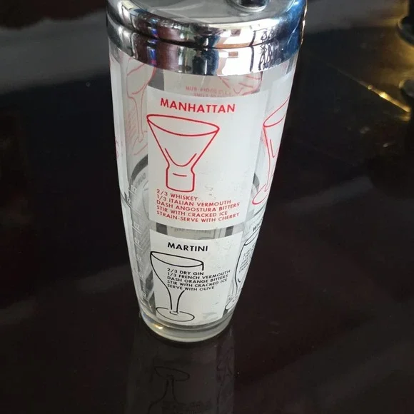 Glass Cocktail Shaker with Recipe Guide, Metal Lid, 14 oz, Clear Silver Red
