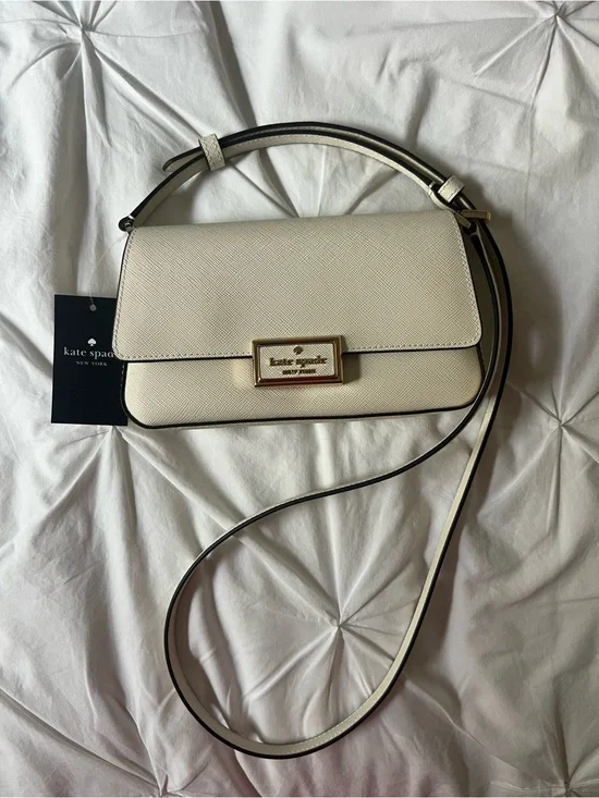 kate spade Cream Saffiano Leather Crossbody with Gold Plaque