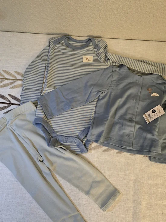 Blue Baby 3-Piece Outfit Set - Striped Bodysuit, Blue Jacket, Light Blue Pants