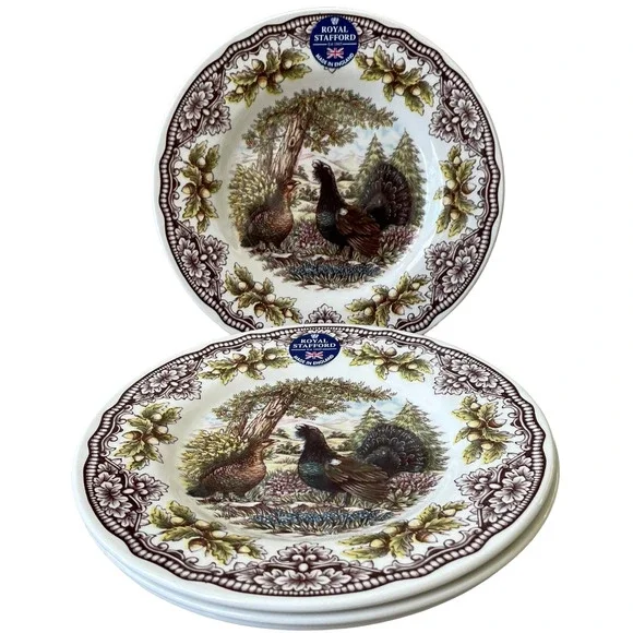 Royal Stafford Thanksgiving Pheasant Salad Plates 8.5in Set of 4 Acorn Trim Fall