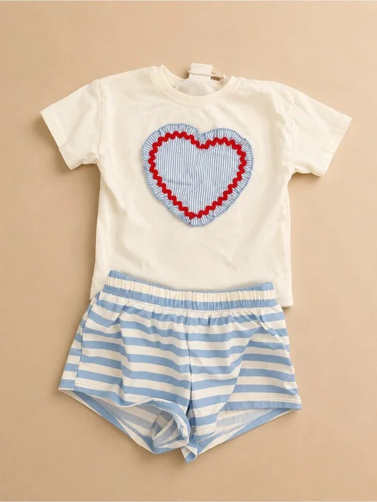 Zara Heart Appliqué Tee + Cat & Jack Blue Stripe Shorts Outfit Bundle Girls 4-6