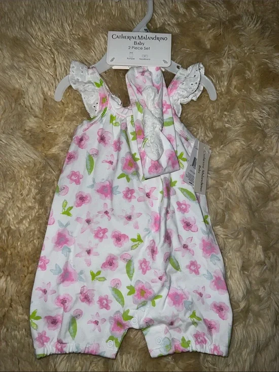 Catherine Malandrino White Romper with Pink Floral and Green Leaf Print