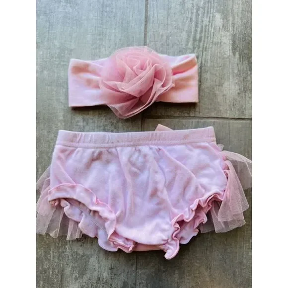 BABY ESSENTIALS Pink Lace Ruffle Tutu Bloomers Diaper Cover & Headband Set 0-3m