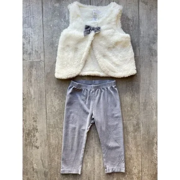 Baby Girl Toddler 2 Piece Outfit Set Lot Faux Fur Vest & Legging Pants Cute 18M