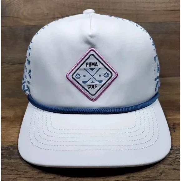 PUMA Men's 5-Panel Tech Snapback Golf Hat Cap White Glow - Blue NEW