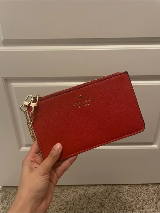 kate spade red leather wristlet with gold chain