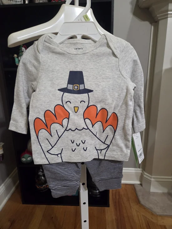 Carter's Gray Top and Navy Striped Pants Matching Set with Orange Accents