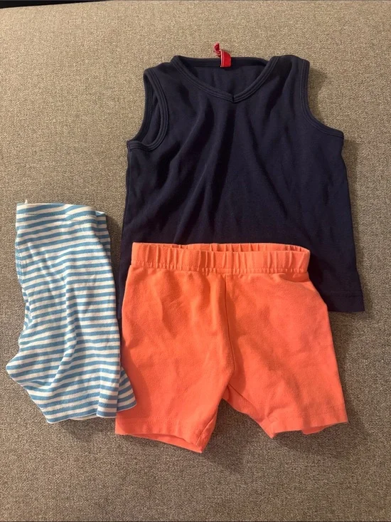 5/$15- Navy Tank Top with Coral Shorts and Blue Striped Leggings Set