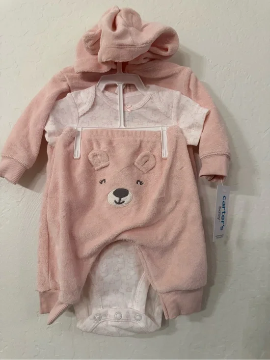 Carter's Blush Pink Plush Bear Hooded Baby Romper + Onesie Set