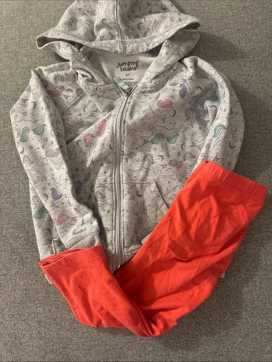 5/$15- Jumping Beans Light Gray Unicorn Zip Hoodie with Coral Leggings