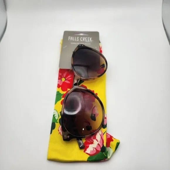 NWT Falls Creek Tortoiseshell Sunglasses & Yellow Floral Pouch