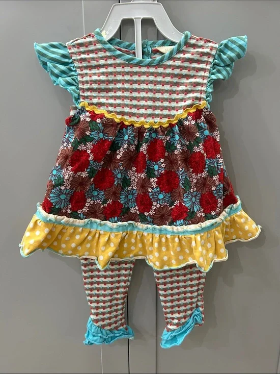Matilda Jane Girls Floral Ruffle Dress Set in Blue, Red & Yellow 2T