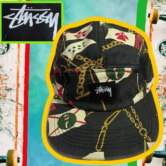 Vintage Stussy Nautical Flag 5 Panel Camp Cap Gold Chain Print Capz Hologram