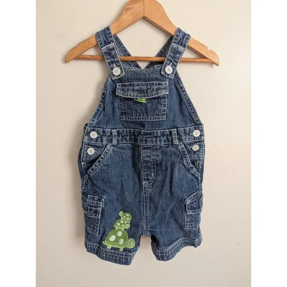 Vintage Gymboree 12-18 Mo Turtle Crossing Jean Shortalls Blue Denim Boys Girls