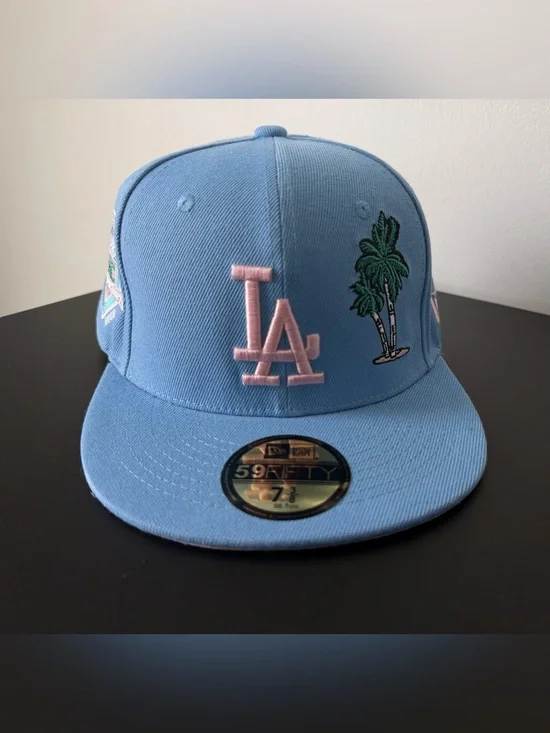 New Era Light Blue LA Palm Fitted Cap with Pink Logo
