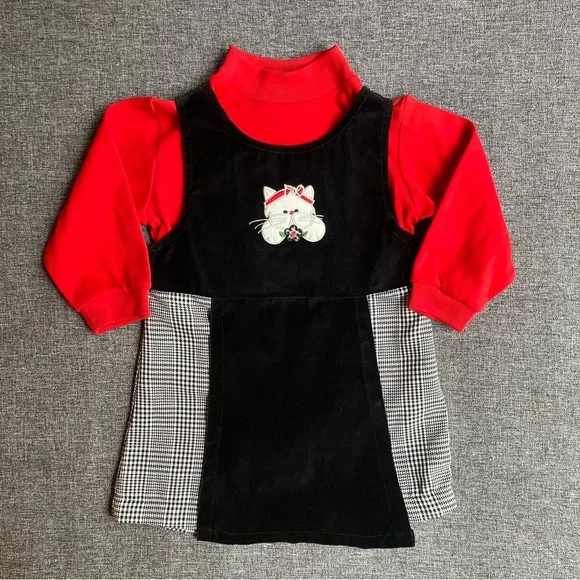 NWT A Little Angel Vintage Velvet Houndstooth Cat Jumper Shirt Set Valentine 24M