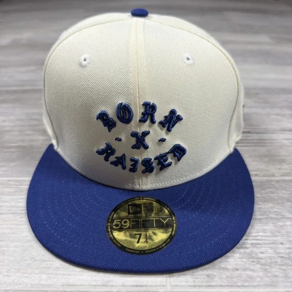 Born X Raised New Era 59FIFTY Rocker Fitted Hat Cap Size 7 1/4 Cream/Royal Blue