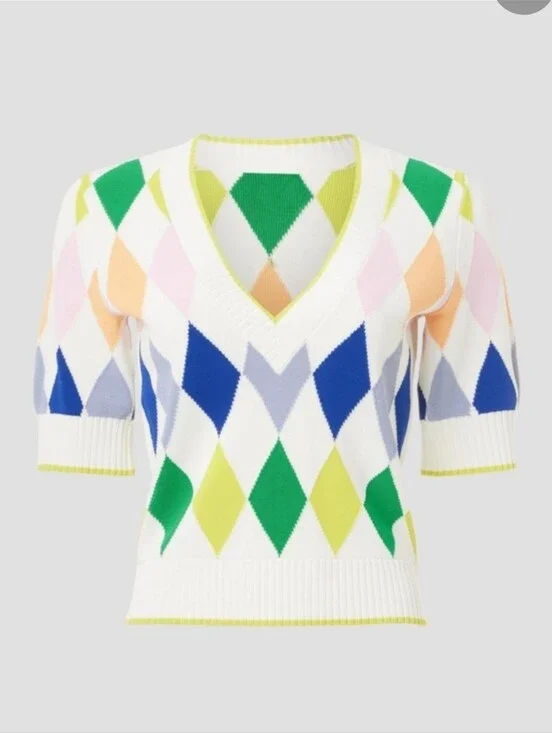 Kate Spade New York Spring Argyle Sweater Short Sleeves V-neck Size L