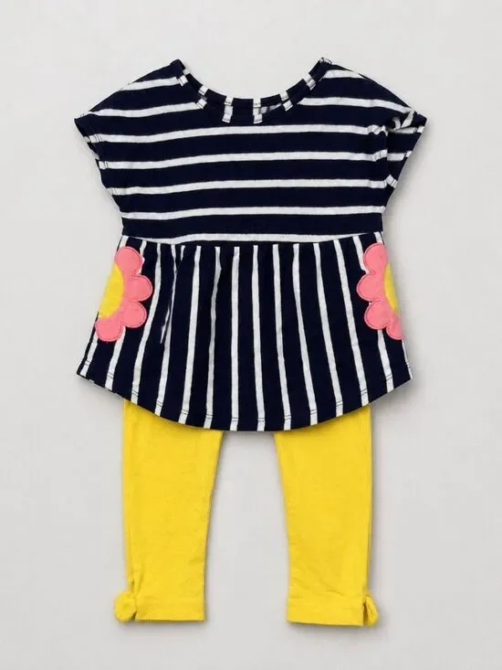 Gymboree navy and yellow floral pocket shirt and legging matching set 18-24 m