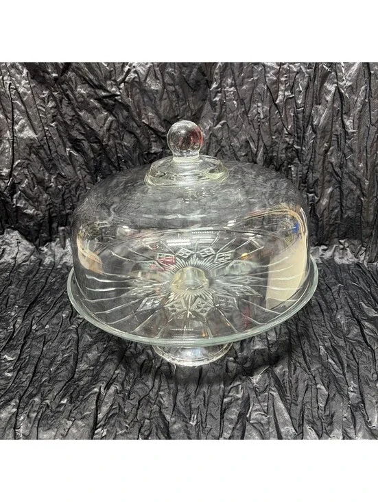 STARBURST PATTERN, CLEAR GLASS, PEDESTAL CAKE STAND WITH DOME LID ￼
