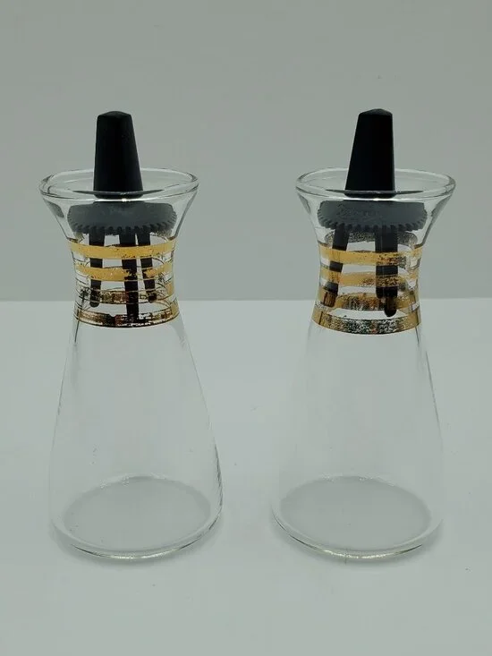 Pyrex Clear Glass Salt & Pepper Shakers with Gold Bands MCM Glass Shaker Set