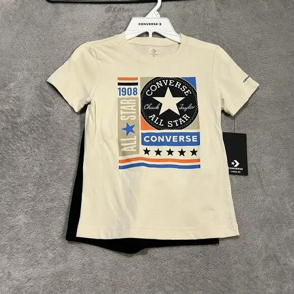 Converse Shirt Shorts Set Boys Size 6 Beige Black All Star Logo 2 Piece Graphic
