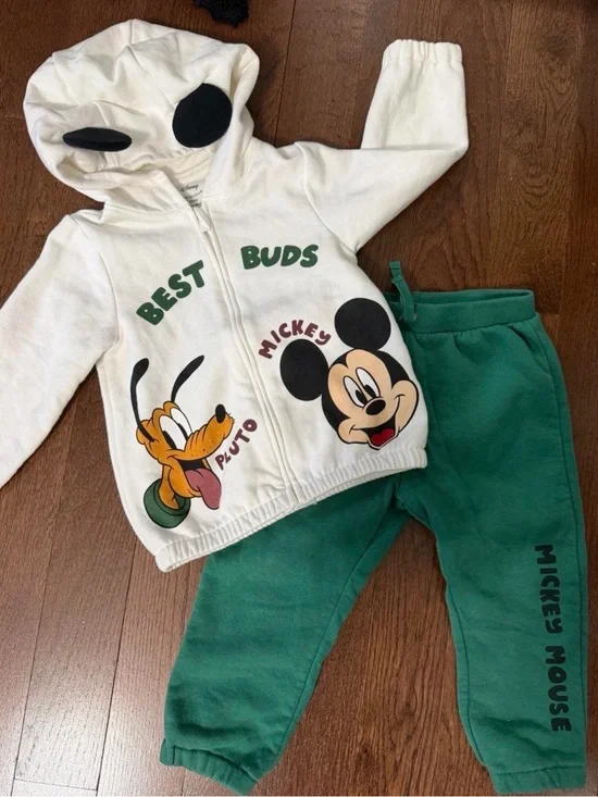 Mickey & Pluto 'Best Buds' Hoodie + Joggers Set - White & Green 24-36 months