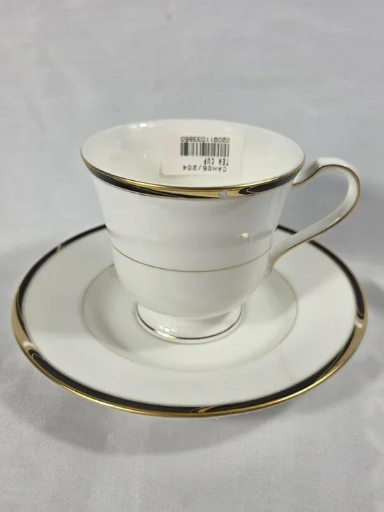 ONE Mikasa Academy Bone China Cup & Saucer Set White with Black & Gold Band