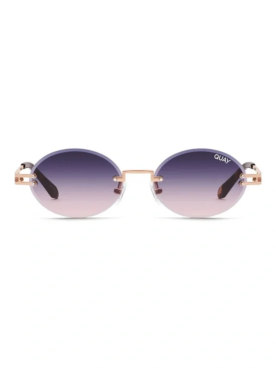 QUAY Literally Obsessed Rimless Oval Sunglasses-Rose Gold/Blue Pink Fade Lens