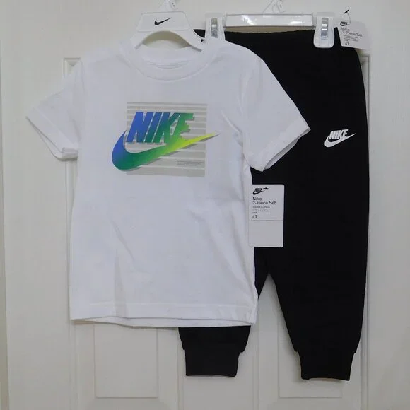 NWT 2pc Nike White Blue Green Short Sleeve Shirt & Black Joggers Set sz 4t