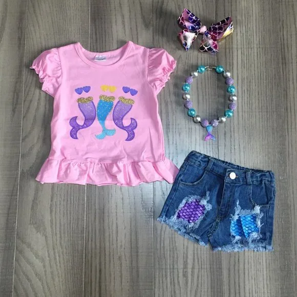 Boutique Mermaid Girls Denim Jean Shorts Outfit Set