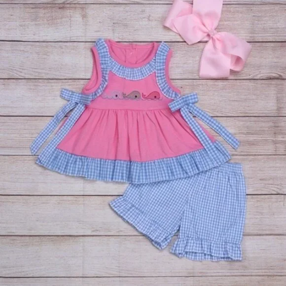 Boutique Whale Embroidered Tunic Girls Shorts Outfit Set