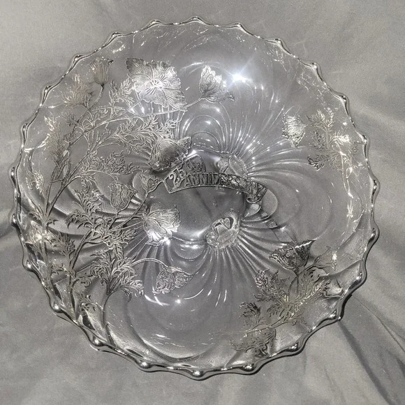 Sterling Silver Overlay 4 Footed Scalloped Edge Round Bowl 25th Anniversary