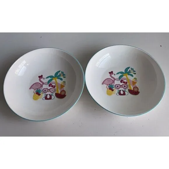 Set Of 2 Sanrio Hello Kitty Beach Summer Tropical Ceramic Pasta Dinner Bowls NEW