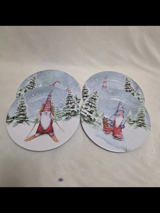 Fig & Fern Holiday Christmas Gnomes Melamine Salad Plates Set of 4 Winter Retro