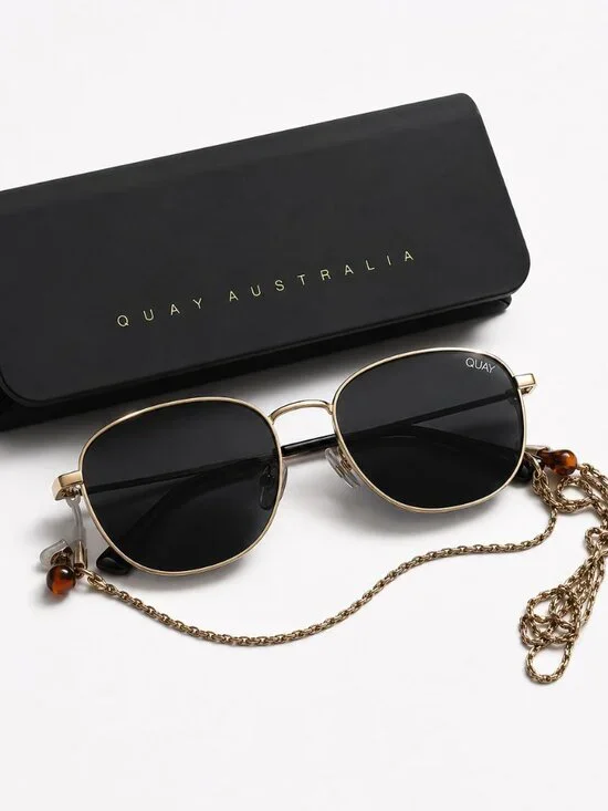 Quay Australia Gold Round Sunglasses with Chain Black Lenses