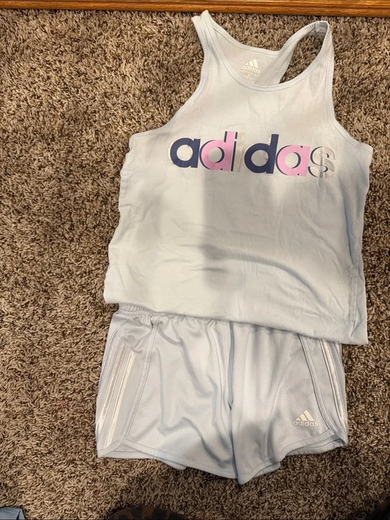 adidas Light Blue Tank Top and Shorts Set with Navy & Pink Logo