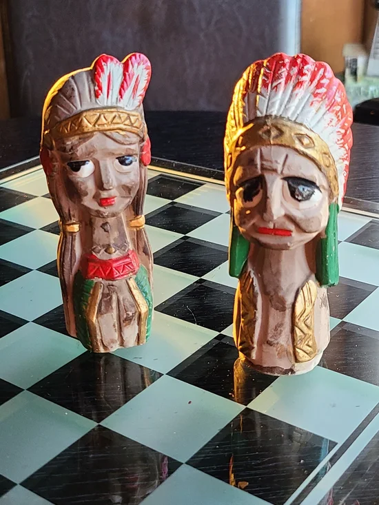 Hand-Painted Native Chief Figurines — Red, Green, Gold Accents