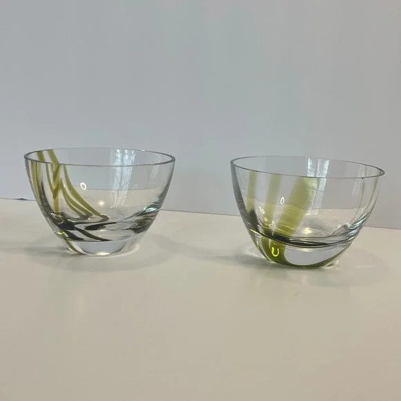 Set of 2 Hand Blown Glass Bowls Olive Green Swirl Abstract Art Glass 4.5 inch