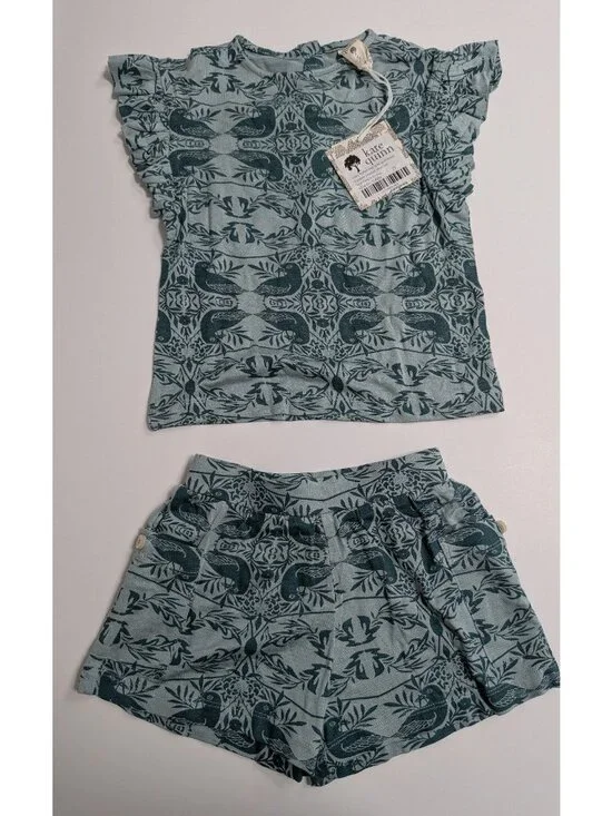 Kate Quinn Modal 2T Teal Bird Nouveau  Flutter Sleeve Tee Pocket Shorts Set
