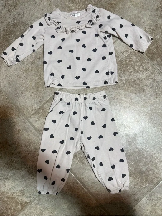 Kids Heart Print Pajama Set - Light Pink with Black Hearts